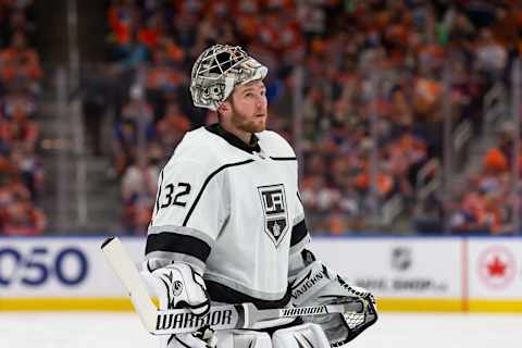 EDMONTON, AB – MAY 14: Goaltender Jonathan Quick #32 of the Los Angeles Kings skates against the Edmonton Oilers during the second period in Game Seven of the First Round of the 2022 Stanley Cup Playoffs at Rogers Place on May 14, 2022 in Edmonton, Canada. (Photo by Codie McLachlan/Getty Images)