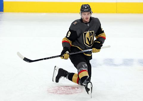 LAS VEGAS, NEVADA – DECEMBER 28: Cody Glass #9 of the Vegas Golden Knights warms up prior to a game against the Arizona Coyotes at T-Mobile Arena on December 28, 2019 in Las Vegas, Nevada. (Photo by Zak Krill/NHLI via Getty Images)