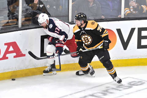 BOSTON, MA – MAY 04: Columbus Blue Jackets center Brandon Dubinsky (17) tries to get past Boston Bruins defenseman Connor Clifton (75) with the puck. During Game 5 in the Second round of the Stanley Cup playoffs featuring the Columbus Blue Jackets against the Boston Bruins on May 04, 2019 at TD Garden in Boston, MA. (Photo by Michael Tureski/Icon Sportswire via Getty Images)