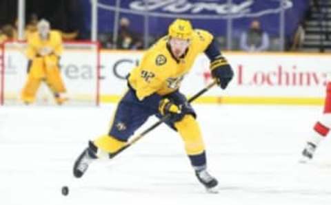 NASHVILLE, TENNESSEE – MAY 21: Ryan Johansen #92 of the Nashville Predators controls the puck in the second period against the Carolina Hurricanes in Game Three of the First Round of the 2021 Stanley Cup Playoffs at Bridgestone Arena on May 21, 2021 in Nashville, Tennessee. (Photo by Andy Lyons/Getty Images)