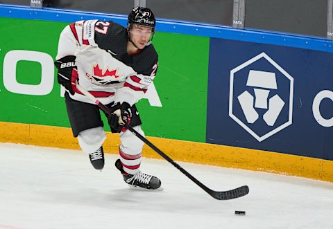 RIGA, LATVIA – MAY 30: Michael Bunting #27 of Canada in action during the 2021 IIHF Ice Hockey World Championship group stage game between Italy and Canada at Arena Riga on May 30, 2021 in Riga, Latvia. Canada defeated Italy 7-1. (Photo by EyesWideOpen/Getty Images)