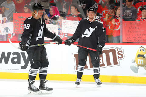 Alexander Holtz #10 of the New Jersey Devils. (Photo by Rich Graessle/Getty Images)