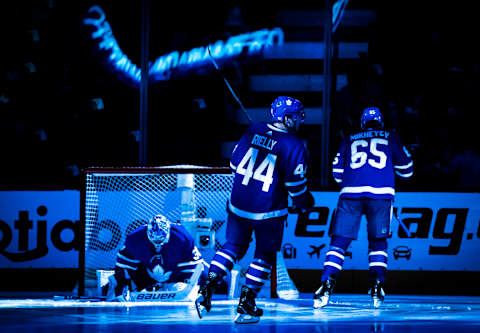 TORONTO, ON - NOVEMBER 07: Morgan Rielly #44, Ilya Mikheyev #65, and Frederik Andersen #31 of the Toronto Maple Leafs skate during player introductions before playing the Vegas Golden Knights at the Scotiabank Arena on November 7, 2019 in Toronto, Ontario, Canada. (Photo by Mark Blinch/NHLI via Getty Images)