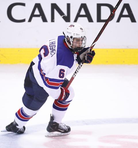 VANCOUVER , BC – JANUARY 4: Jack Hughes #6 of the United States skates against Russia during a semi-final game at the IIHF World Junior Championships at Rogers Arena on January 4, 2019, in Vancouver, British Columbia, Canada. (Photo by Kevin Light/Getty Images)