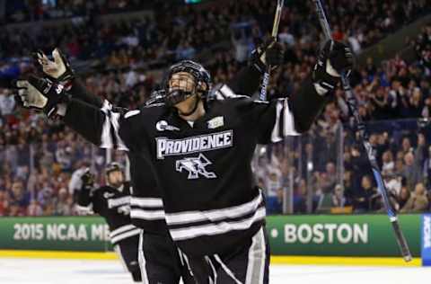 Apr 11, 2015; Boston, MA, USA; Providence College Friars forward Mark Jankowski (10) celebrates his goal against the Boston University Terriers during the second period of the championship game of the Frozen Four college ice hockey tournament at TD Garden. Mandatory Credit: Winslow Townson-USA TODAY Sports