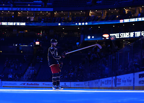 COLUMBUS, OHIO – SEPTEMBER 24: Second Star of the game Adam Fantilli #11 of the Columbus Blue Jackets skates on the ice after the game against the Pittsburgh Penguins at Nationwide Arena on September 24, 2023 in Columbus, Ohio. (Photo by Jason Mowry/Getty Images)