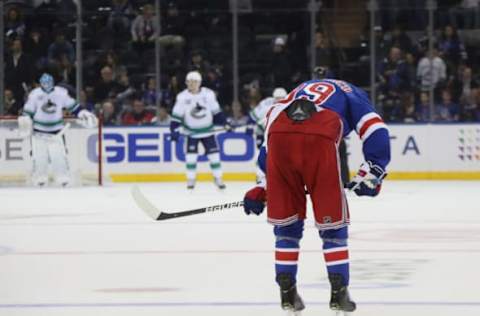 NEW YORK, NEW YORK – OCTOBER 20: Pavel Buchnevich #89 of the New York Rangers pauses as the team loses a 3-2 game against the Vancouver Canucks at Madison Square Garden on October 20, 2019 in New York City. (Photo by Bruce Bennett/Getty Images)