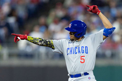 May 19, 2023; Philadelphia, Pennsylvania, USA; Chicago Cubs center fielder Christopher Morel (5) reacts after reaching second base on a fielding error during the fifth inning against the Philadelphia Phillies at Citizens Bank Park. Mandatory Credit: Bill Streicher-USA TODAY Sports