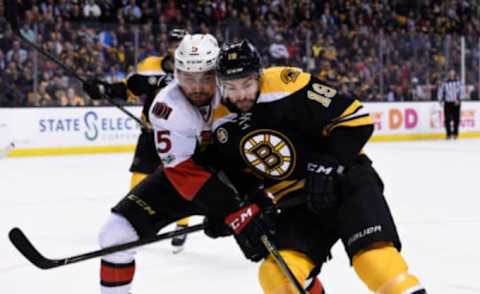 Mar 21, 2017; Boston, MA, USA; Ottawa Senators defenseman Cody Ceci (5) battles for position with Boston Bruins right wing Drew Stafford (19) during the first period at TD Garden. Mandatory Credit: Bob DeChiara-USA TODAY Sports