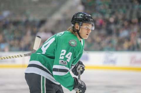 DALLAS, TX – SEPTEMBER 25: Dallas Stars left wing Roope Hintz (24) skates to the puck during the NHL game between the Colorado Avalanche and the Dallas Stars on September 25, 2017 at American Airlines Center in Dallas, TX. (Photo by George Walker/Icon Sportswire via Getty Images)