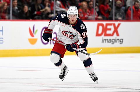 Columbus Blue Jackets, Kent Johnson #91. (Photo by G Fiume/Getty Images)