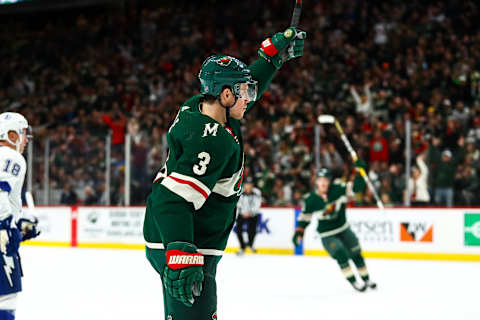 ST. PAUL, MN – OCTOBER 20: Minnesota Wild center Charlie Coyle (3) celebrates after scoring in the 1st period to make it 2-1 Lightning during the regular season game between the Tampa Bay Lightning and the Minnesota Wild on October 20, 2018 at Xcel Energy Center in St. Paul, Minnesota. (Photo by David Berding/Icon Sportswire via Getty Images)