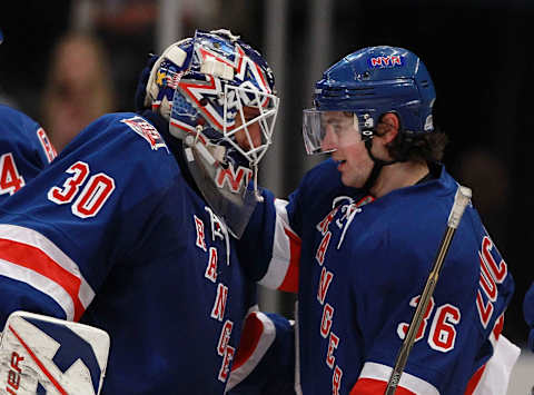 NEW YORK, NY – JANUARY 05: Henrik Lundqvist #30 and Mats Zuccarello #36 of the New York Rangers celebrate their 2-1 overtime win over the Carolina Hurricanes at Madison Square Garden on January 5, 2011 in New York City. (Photo by Bruce Bennett/Getty Images)