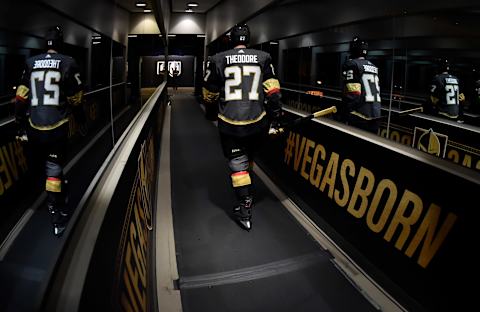 LAS VEGAS, NV – APRIL 14: Shea Theodore #27 of the Vegas Golden Knights returns to the locker room after warm-ups prior to Game Three of the Western Conference First Round against the San Jose Sharks during the 2019 NHL Stanley Cup Playoffs at T-Mobile Arena on April 14, 2019 in Las Vegas, Nevada. (Photo by David Becker/NHLI via Getty Images)