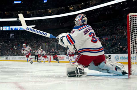 COLUMBUS, OHIO – APRIL 08: Igor Shesterkin #31 of the New York Rangers swats the puck out of the air with his stick during the second period against the Columbus Blue Jackets at Nationwide Arena on April 08, 2023, in Columbus, Ohio. (Photo by Jason Mowry/Getty Images)