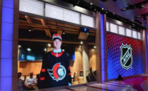 SECAUCUS, NEW JERSEY – OCTOBER 06: With the third pick of the 2020 NHL Draft, Tim Stuetzle of Mannheim of Germany is selected by the Ottawa Senators at the NHL Network Studio on October 06, 2020 in Secaucus, New Jersey. (Photo by Mike Stobe/Getty Images)