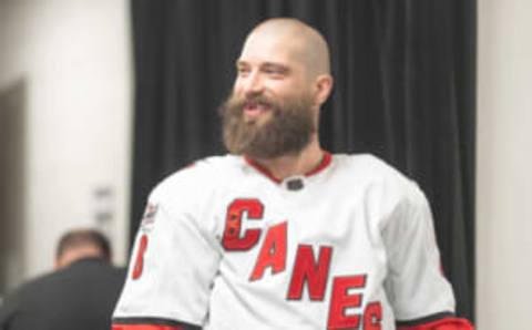 Oct 14, 2022; San Jose, California, USA; Carolina Hurricanes defenseman Brent Burns (8) smiles before the start of warmups against the San Jose Sharks at SAP Center at San Jose. Mandatory Credit: Stan Szeto-USA TODAY Sports