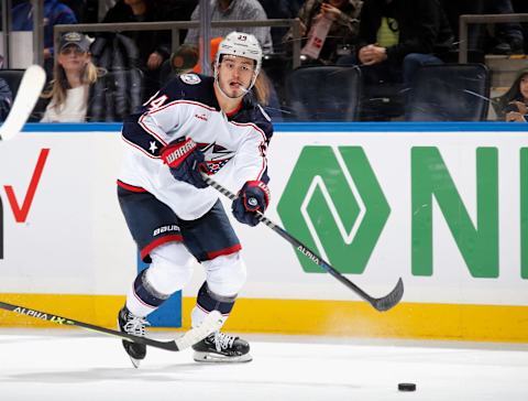 ELMONT, NEW YORK – DECEMBER 29: Cole Sillinger #34 of the Columbus Blue Jackets skates against the New York Islanders at the UBS Arena on December 29, 2022 in Elmont, New York. (Photo by Bruce Bennett/Getty Images)