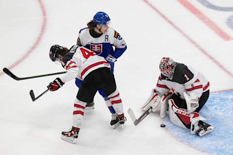 Goaltender Devon Levi #1 of Canada. (Photo by Codie McLachlan/Getty Images)