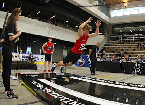 BUFFALO, NY – JUNE 1: Bobby Brink performs the long jump during the 2019 NHL Scouting Combine on June 1, 2019 at Harborcenter in Buffalo, New York. (Photo by Bill Wippert/NHLI via Getty Images)