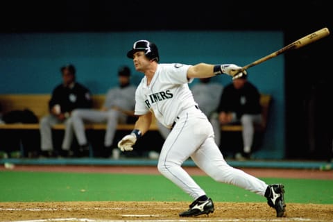 SEATTLE – OCTOBER 8: Edgar Martinez #11 of the Seattle Mariners doubles home the game winning runs in Game five of the 1995 American League Divisional Series against the New York Yankees at the Kingdome on October 8, 1995 in Seattle, Washington. The Mariners defeated the Yankees 6-5 in 11 innings to win the series three games to two. (Photo by Stephen Dunn/Getty Images)