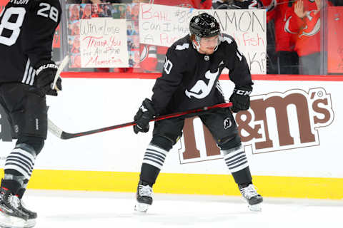 Alexander Holtz #10 of the New Jersey Devils. (Photo by Rich Graessle/Getty Images)