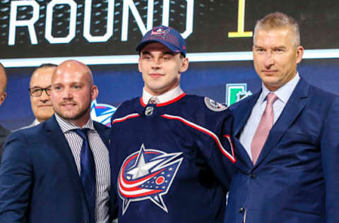 DALLAS, TX – JUNE 22: The Columbus Blue Jackets draft Liam Foudy in the first round of the 2018 NHL draft on June 22, 2018 at the American Airlines Center in Dallas, Texas. (Photo by Matthew Pearce/Icon Sportswire via Getty Images)