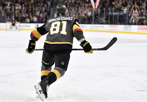 LAS VEGAS, NEVADA – DECEMBER 31: Jonathan Marchessault #81 of the Vegas Golden Knights celebrates after scoring a goal on a penalty shot during the third period against the Anaheim Ducks at T-Mobile Arena on December 31, 2019 in Las Vegas, Nevada. (Photo by Jeff Bottari/NHLI via Getty Images)