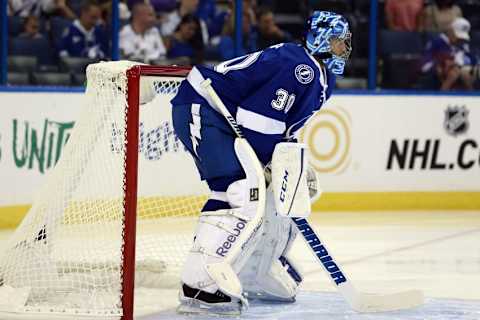 Sep 25, 2015; Tampa, FL, USA; Tampa Bay Lightning goalie Ben Bishop (30) looks on during the first period at Amalie Arena. Mandatory Credit: Kim Klement-USA TODAY Sports