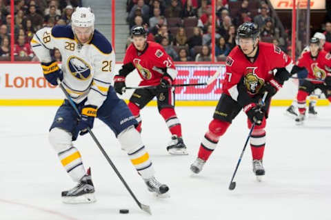 Jan 26, 2016; Ottawa, Ontario, CAN; Buffalo Sabres center Zemgus Girgensons (28) controls the puck in the first period against the Ottawa Senators at the Canadian Tire Centre. Mandatory Credit: Marc DesRosiers-USA TODAY Sports