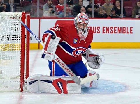 Sep 29, 2023; Montreal, Quebec, CAN; Montreal Canadiens goalie Cayden Primeau (30) makes a save against the Toronto Maple Leafs during the first period at the Bell Centre. Mandatory Credit: Eric Bolte-USA TODAY Sports