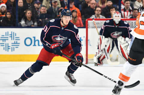 COLUMBUS, OH – DECEMBER 23: Gabriel Carlsson #53 of the Columbus Blue Jackets skates against the Philadelphia Flyers on December 23, 2017 at Nationwide Arena in Columbus, Ohio. (Photo by Jamie Sabau/NHLI via Getty Images)