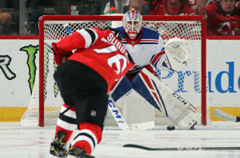 NEWARK, NEW JERSEY – SEPTEMBER 20: Adam Huska #32 of the New York Rangers braces for a third period shot from P.K. Subban #76 of the New Jersey Devils at the Prudential Center on September 20, 2019 in Newark, New Jersey. The Devils defeated the Rangers 4-2. (Photo by Bruce Bennett/Getty Images)