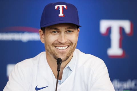 ARLINGTON, TX – DECEMBER 08: Jacob deGrom #48 of the Texas Rangers reacts at an introductory press conference at Globe Life Field on December 8, 2022 in Arlington, Texas. (Photo by Ben Ludeman/Texas Rangers/Getty Images)