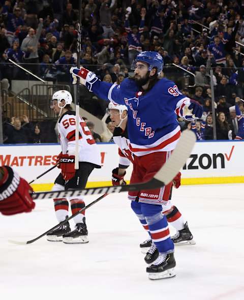 NEW YORK, NEW YORK – APRIL 29: Mika Zibanejad #93 of the New York Rangers celebrates his second period goal against the New Jersey Devils in Game Six of the First Round of the 2023 Stanley Cup Playoffs at Madison Square Garden on April 29, 2023 in New York, New York. (Photo by Bruce Bennett/Getty Images)