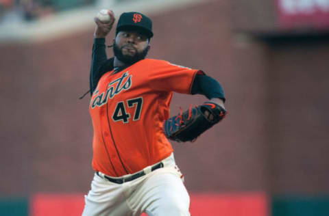 May 12, 2017; San Francisco, CA, USA; San Francisco Giants starting pitcher Cueto (47) throws a pitch during the first inning against the Cincinnati Reds at AT&T Park. Mandatory Credit: Ed Szczepanski-USA TODAY Sports