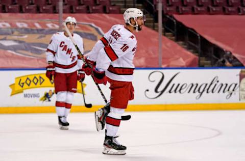 Mar 1, 2021; Sunrise, Florida, USA; Carolina Hurricanes center Vincent Trocheck (16) celebrates his goal against the Florida Panthers during the third period at BB&T Center. Mandatory Credit: Jasen Vinlove-USA TODAY Sports