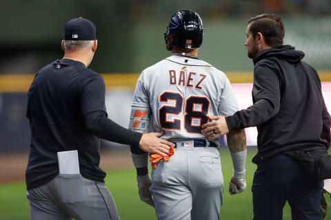 MILWAUKEE, WISCONSIN – APRIL 26: Javier Baez #28 of the Detroit Tigers leaves the game after being hit by a pitch in the first inning against the Milwaukee Brewers at American Family Field on April 26, 2023 in Milwaukee, Wisconsin. (Photo by John Fisher/Getty Images)