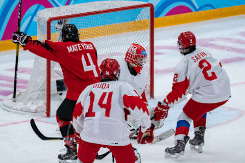 Denton Mateychuk #4 of Canada celebrates his goal during Men’s 6-Team Tournament against Russia at the Lausanne 2020 Winter Youth Olympics (Photo by RvS.Media/Basile Barbey/Getty Images)