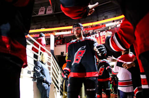 RALEIGH, NC – JANUARY 17: Carolina Hurricanes defenseman Joel Edmundson (6) during the 2nd period of the Carolina Hurricanes game versus the Anaheim Ducks on January 17th, 2020 at PNC Arena in Raleigh, NC (Photo by Jaylynn Nash/Icon Sportswire via Getty Images)