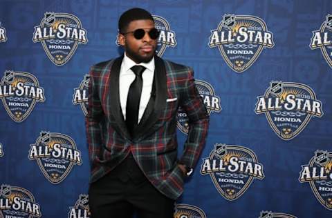 Defenseman P.K. Subban (76) stands on the red carpet prior to the 2016 NHL All-Star Game Skills Competition. Mandatory Credit: Aaron Doster-USA TODAY Sports