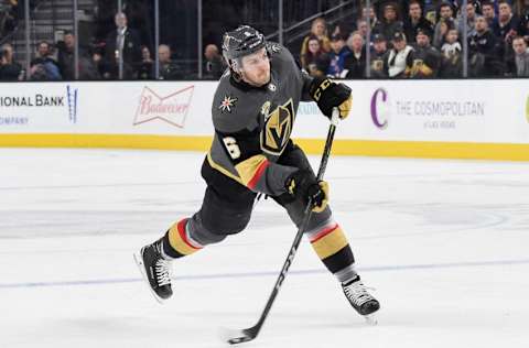 LAS VEGAS, NV – JANUARY 7: Colin Miller #6 of the Vegas Golden Knights shoots the puck against the New York Rangers during the game at T-Mobile Arena on January 7, 2018, in Las Vegas, Nevada. (Photo by Jeff Bottari/NHLI via Getty Images)