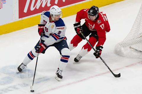 Trevor Zegras #9 of the United States. (Photo by Codie McLachlan/Getty Images)