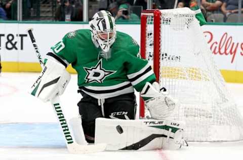 DALLAS, TEXAS – OCTOBER 05: Braden Holtby #70 of the Dallas Stars blocks a shot on goal against the St. Louis Blues in the second period of an NHL preseason game at American Airlines Center on October 05, 2021, in Dallas, Texas. (Photo by Tom Pennington/Getty Images)