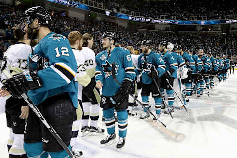 SAN JOSE, CA – JUNE 12: The San Jose Sharks shake hands with the Pittsburgh Penguins after losing Game Six 3-1 and the 2016 NHL Stanley Cup Final at SAP Center on June 12, 2016 in San Jose, California. (Photo by Bruce Bennett/Getty Images)