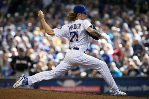 MILWAUKEE, WI – APRIL 22: Josh Hader #71 of the Milwaukee Brewers pitches in the eighth inning against the Miami Marlins at Miller Park on April 22, 2018, in Milwaukee, Wisconsin. (Dylan Buell/Getty Images) *** Local Caption *** Josh Hader