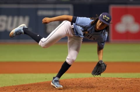 ST. PETERSBURG, FL – MAY 06: Chris Archer (22) of the Rays follows thru after delivering a pitch to the plate during the MLB regular season game between the Toronto Blue Jays and the Tampa Bay Rays on May 06, 2018, at Tropicana Field in St. Petersburg, FL. (Photo by Cliff Welch/Icon Sportswire via Getty Images)