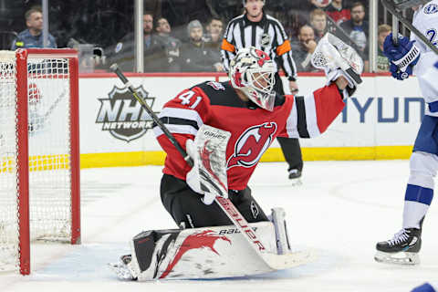 New Jersey Devils goaltender Vitek Vanecek (41): Vincent Carchietta-USA TODAY Sports