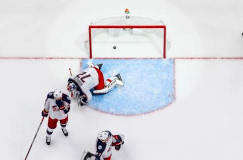 TAMPA, FL – OCTOBER 13: The Tampa Bay Lightning score a goal against Sergei Bobrovsky #72 and the Columbus Blue Jackets during the second period at Amalie Arena on October 13, 2018 in Tampa, Florida. (Photo by Scott Audette/NHLI via Getty Images)