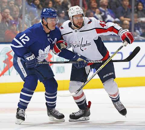 TORONTO, ON – JANUARY 23: Tom Wilson #43 of the Washington Capitals skates against Patrick Marleau #12 of the Toronto Maple Leafs  (Photo by Claus Andersen/Getty Images)